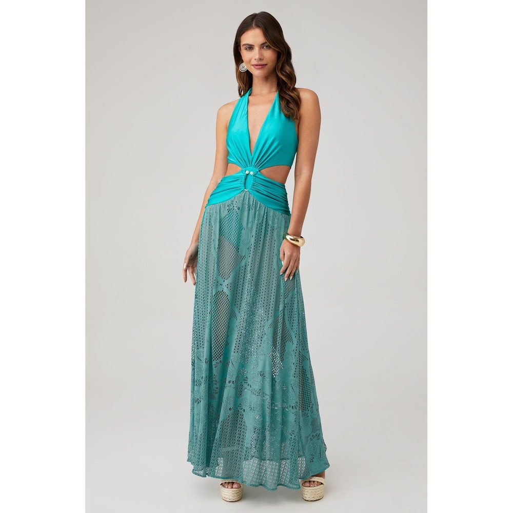 PatBO Cut-Out Beach Dress Curacao Teal Crochet Maxi Size M
